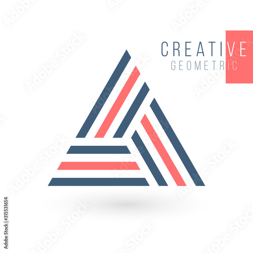 Geometrical triangle in three parts logo design. Technology business identity concept. Creative corporate template. Stock Vector illustration isolated on white background.