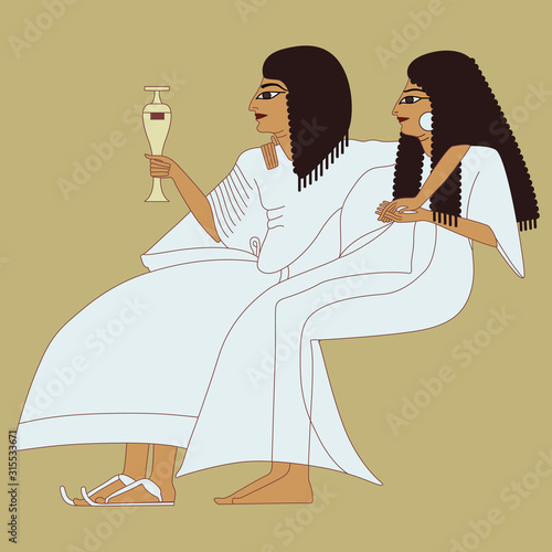 Isolated vector illustration. Ancient Egyptian couple. Seated man and woman.