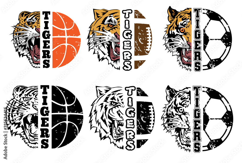 Tiger face head half soccer basketball american football vector graphic