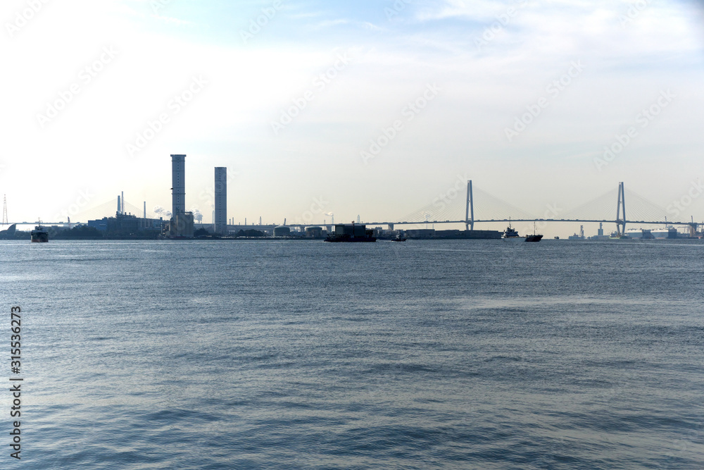 Aichi,Japan-January 14, 2020: Cable-stayed bridges at Nagoya port in Ise Bay, Japan