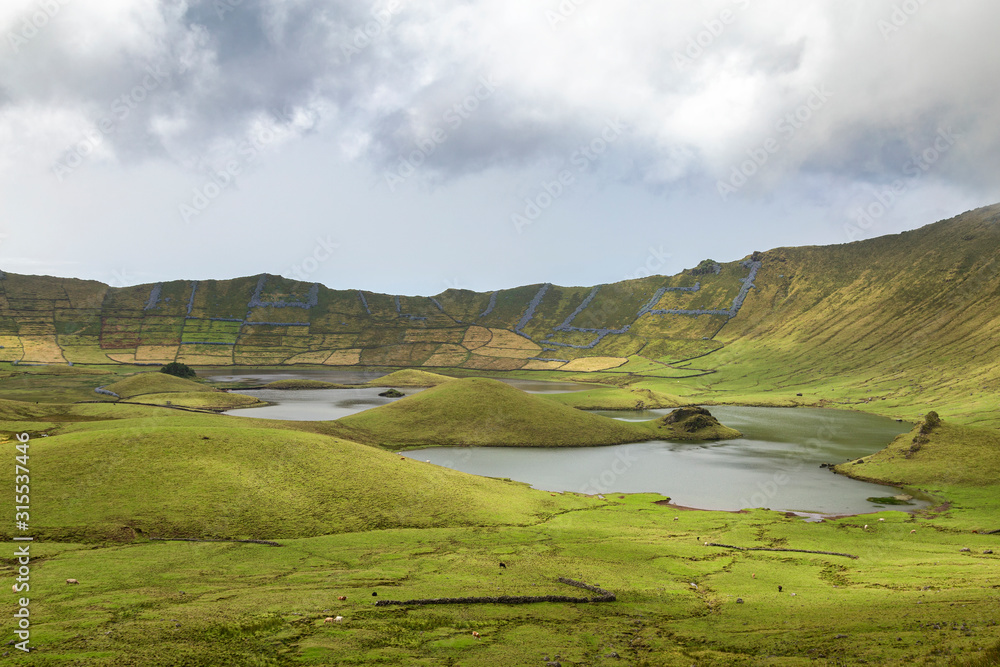 View of the small lakes at the bottom of Corvo Caldera in the Azores, Portugal.