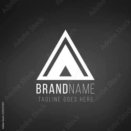 Geometrical triangle or arrow in three parts logo design. Technology business identity concept. Creative corporate template. Stock Vector illustration isolated on black background.