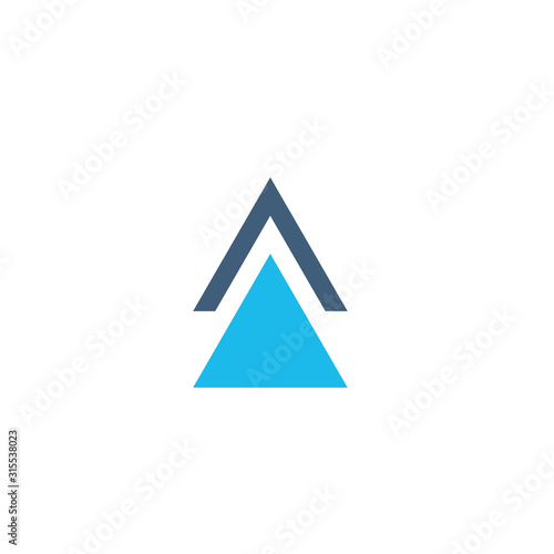 Geometrical triangle or arrow in three parts logo design. Technology business identity concept. Creative corporate template. Stock Vector illustration isolated on white background.