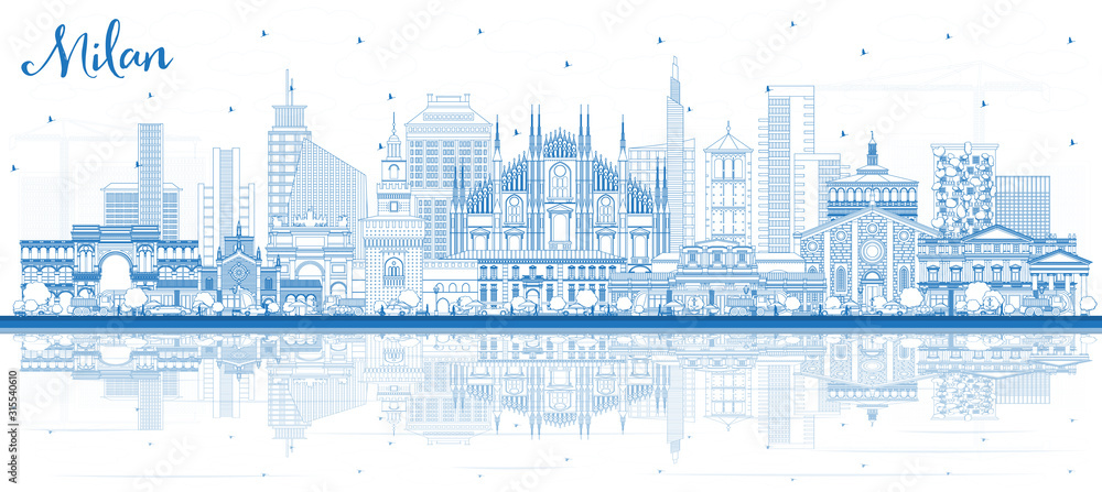 Obraz premium Zarys panoramę miasta Mediolan Włochy z niebieskimi budynkami i odbiciami.
