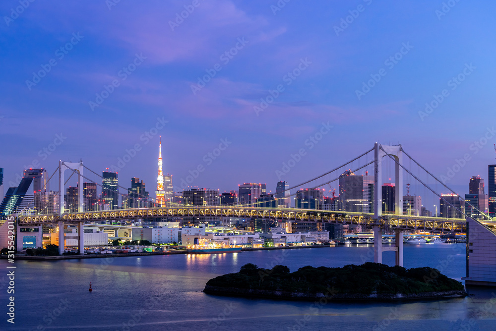Sunrise Tokyo tower and Rainbow bridge