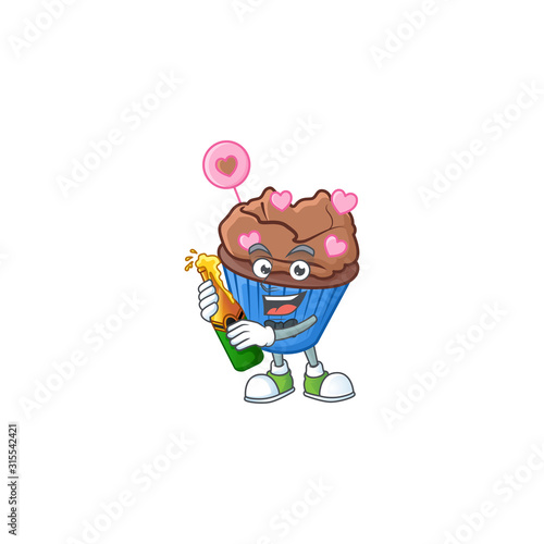mascot cartoon design of chocolate love cupcake with bottle of beer