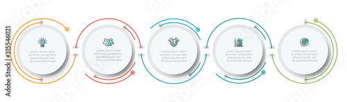 Business Infographics template.Timeline with 5 steps, circles, options and marketing icons. Vector linear infographic elements.