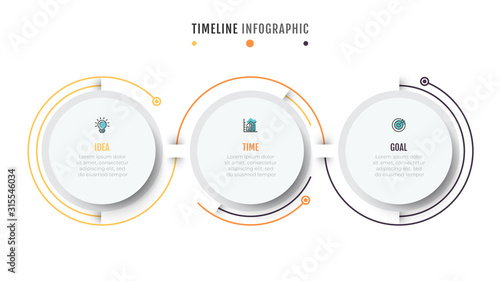 Business Infographics template.Timeline with 3 steps, circles, options and marketing icons .Vector linear infographic elements.