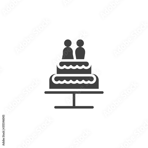 Wedding cake with chocolate bride and groom vector icon. filled flat sign for mobile concept and web design. Wedding cake with couple married glyph icon. Symbol, logo illustration. Vector graphics