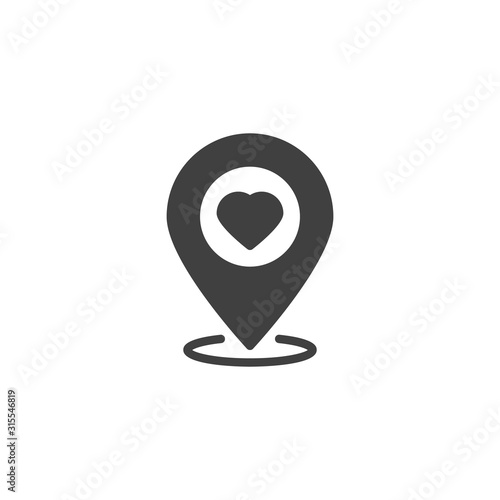 Map pointer with heart vector icon. Rendezvous point filled flat sign for mobile concept and web design. Love location pin glyph icon. Symbol, logo illustration. Vector graphics