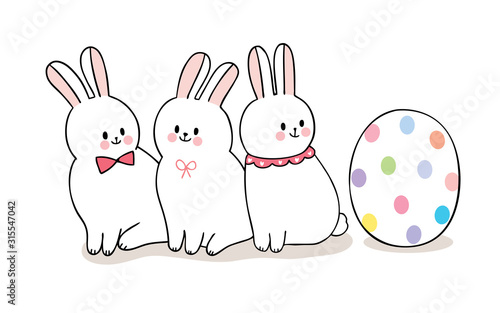 Cartoon cute Easter day rabbits and colorful big egg vector.