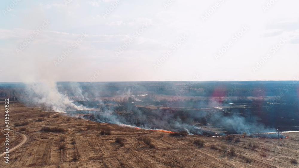 Forest and field fire. Dry grass burns, natural disaster. Aerial view.