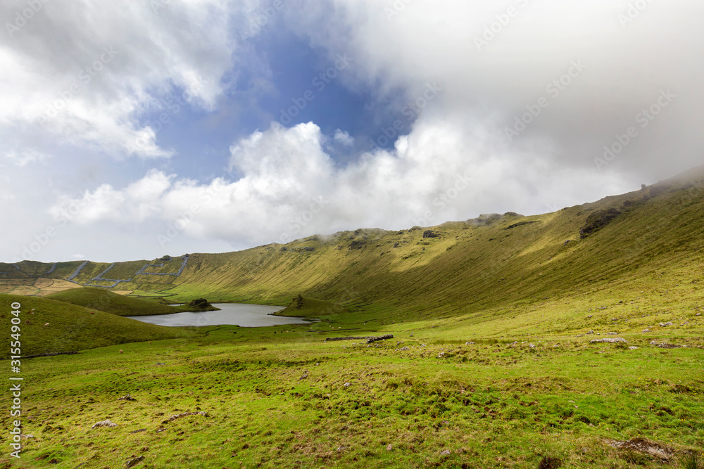 Wide angle view of the Corvo Crater on the island of Corvo in the Azores, Portugal.