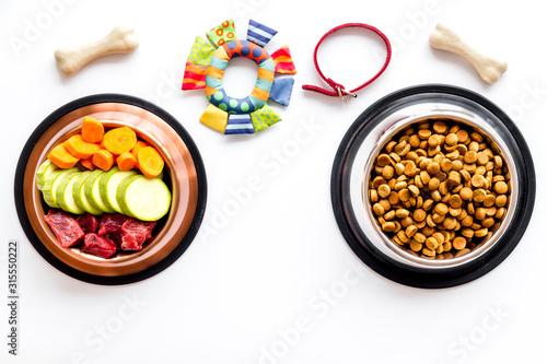 Dog feed - dry food and raw meat - near toy and cheving bones on white background top view copy space photo