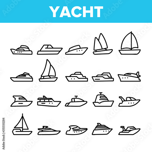 Yacht Marine Transport Collection Icons Set Vector Thin Line. Luxury Yacht, Sailboat, Touristic Ship And Cruise Boat For Sea Trip Concept Linear Pictograms. Monochrome Contour Illustrations