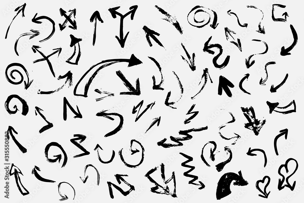 A large set of many small arrows and directional curved lines. Directions and cartoon arrows are hand-drawn. Can be used as icon or element for your banner. Vector eps illustration. A large set of many small arrows and directional curved lines. Directions and cartoon arrows are hand-drawn. Can be used as icon or element for your banner. Vector eps illustration.