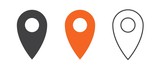 Pin icon set. Black, orange and outline gps pointer mark. Location map symbol.
