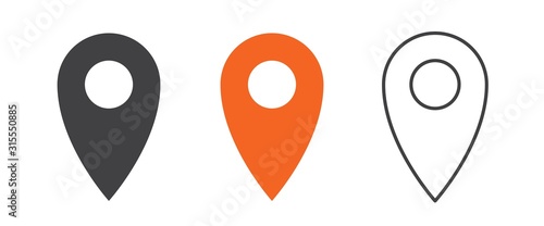 Pin icon set. Black, orange and outline gps pointer mark. Location map symbol.