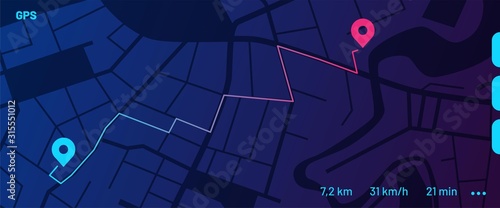 Futuristic route dashboard GPS tracking map. UI design concept. Dark city map