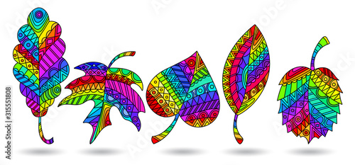Set of illustrations in stained glass style with rainbow patterned leaves, isolated on a white background © Zagory
