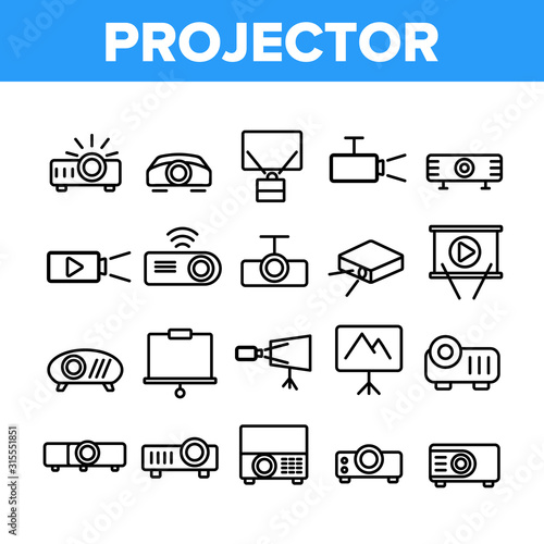 Projector Equipment Collection Icons Set Vector Thin Line. Electronic Device Video Projector And Projection Screen For Watch Film Concept Linear Pictograms. Monochrome Contour Illustrations photo