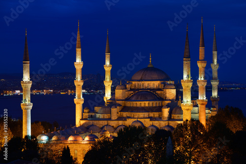 Lit Blue Mosque at twilight on the Bosphorus Sultanahmet Istanbul Turkey