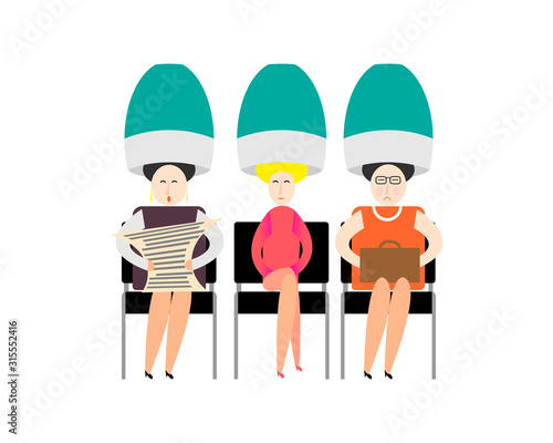 Caricature. Old women's hairdresser. Women dry their hair with large hair dryers. Vector illustration on a white background.