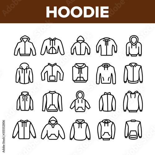 Hoodie And Sweater Collection Icons Set Vector Thin Line. Fashionable Stylish Hoodie With Hood, Warm Clothing With Long Sleeve Concept Linear Pictograms. Monochrome Contour Illustrations