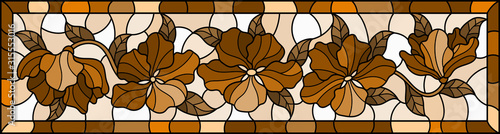 Illustration in stained glass style with  flowers and leaves  , horizontal image in bright frame, tone brown, sepia