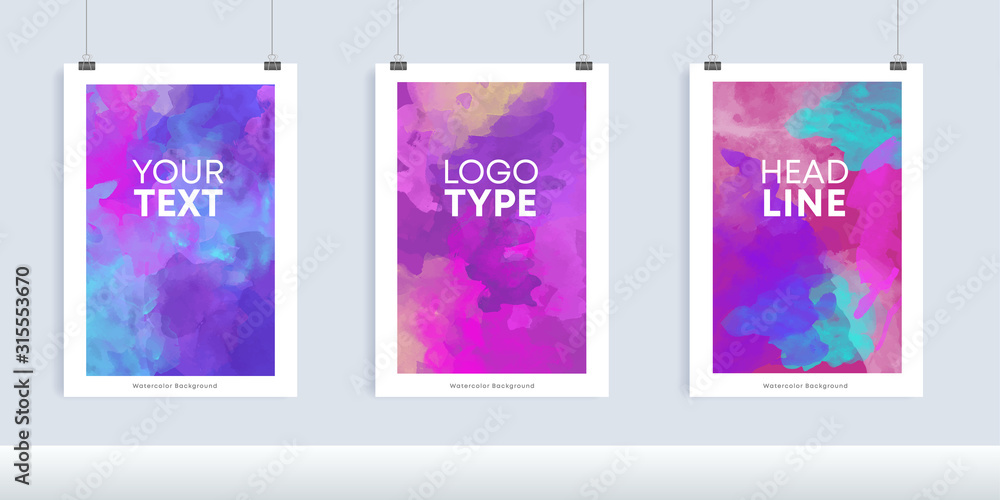 Vector purple watercolor background poster mockup template set