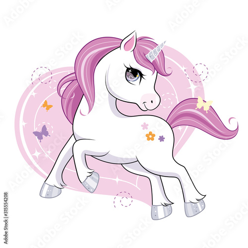 Cute little unicorn character over pink background. Vector.