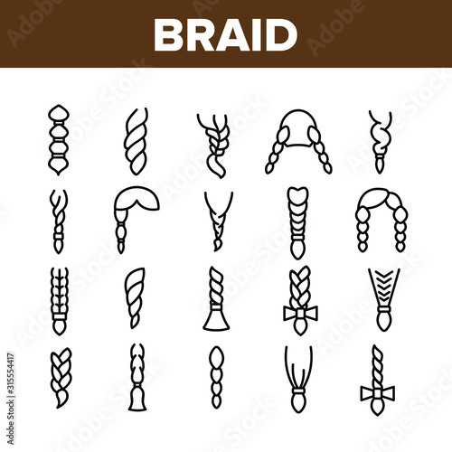 Braid Bread Hairstyles Collection Icons Set Vector Thin Line. Long Female Braid, Braided Hair Style With Bow-knot, Fashion Pigtail Concept Linear Pictograms. Monochrome Contour Illustrations