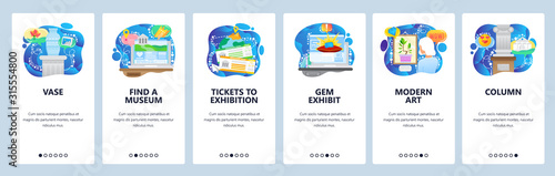 Modern art gallery and historical museum, jewelry exhibition. Mobile app onboarding screens. Menu vector banner template for website and mobile development. Web site design flat illustration