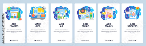 Smartphone applications, GIF, augmented reality games, face mask, stickers, music streaming. Mobile app onboarding screens. Vector template for website and mobile. Web site design illustration