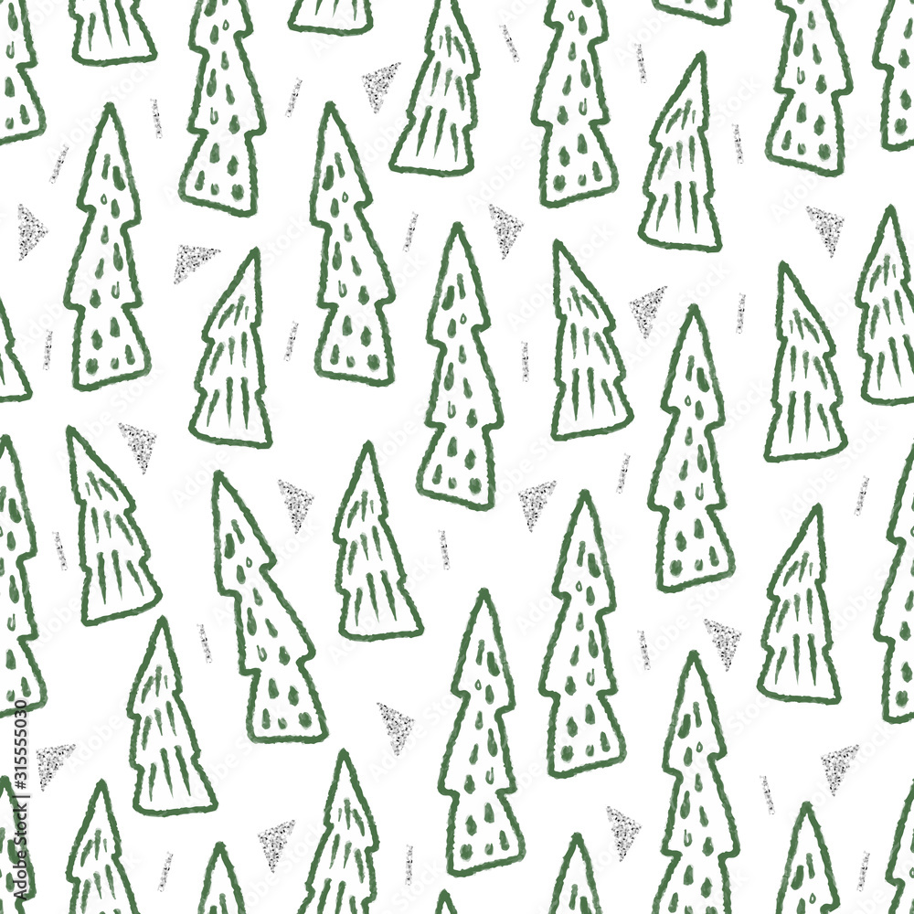 seamless glitter christmas pattern background with doodle pine tree