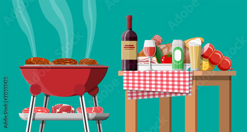 Bbq party or picnic. Table with bottle of wine, vegetables, cheese, can of beer. Electric grill with barbecue. Cooking steak, meat and sausages, grilling bbq. Vector illustration flat style