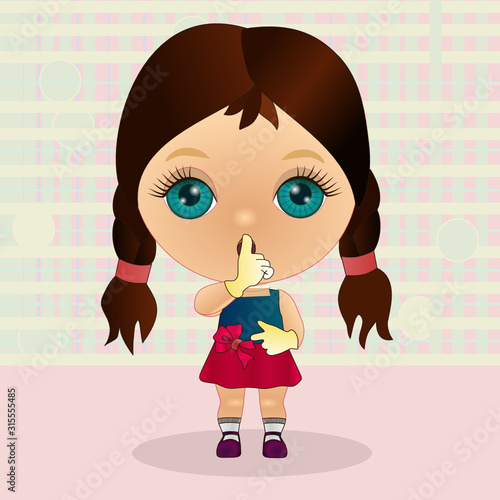 emoji with character shushing shh h to politely tell people to shut up and be quiet to keep silence, girl using finger on mouth gesture to stop talking, color hand drawn emoticon