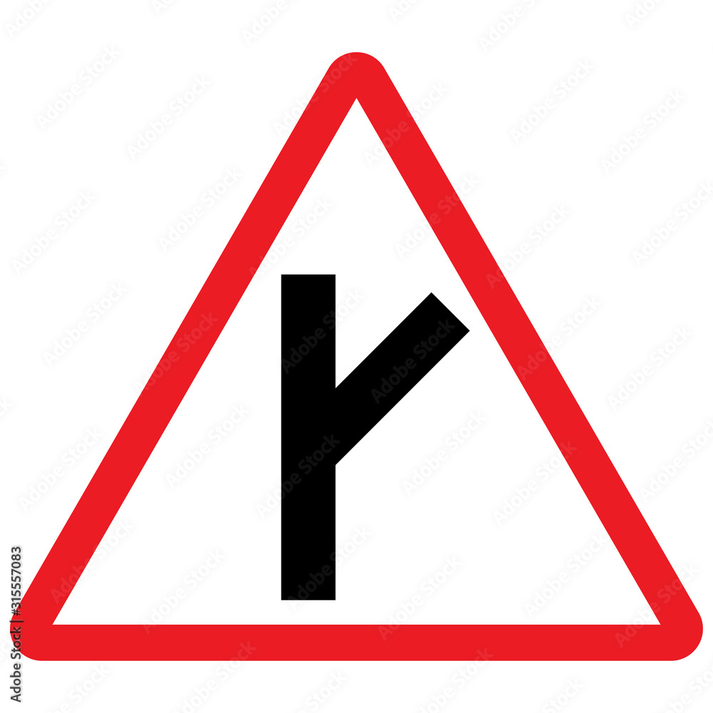 Y intersection right traffic sign vector. Red triangle background. Roadways traffic signal post. Y intersection right traffic sign vector. Red triangle background. Roadways traffic signal post.