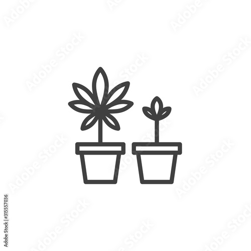 Cannabis plant in a pot line icon. linear style sign for mobile concept and web design. Growing marijuana plant outline vector icon. Symbol, logo illustration. Vector graphics