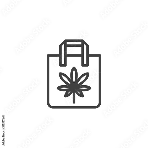 Cannabis shopping bag line icon. linear style sign for mobile concept and web design. Shopping bag with Marijuana leaf outline vector icon. Symbol, logo illustration. Vector graphics