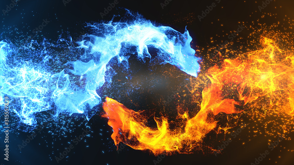 Fire and Ice Concept Design with spark. 3d illustration. - obrazy, fototapety, plakaty 