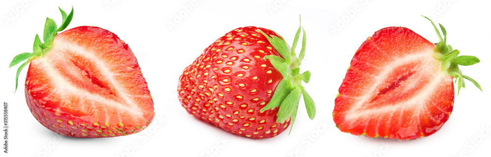 Three ripe strawberries. Strawberry collection isolated on white. Strawberry berry fruits Clipping Path.