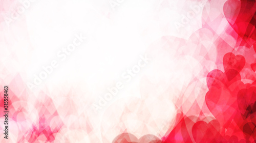 Cute abstract pink background. Pink hearts dissolve in a white background. valentines day and love. Computer textured background. Long banner format. Red hearts. Light to bright gradient