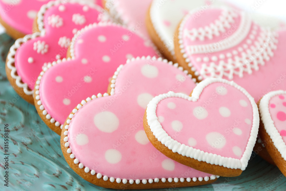 Set of pink heart shaped cookies with patterns, handmade Set of pink heart shaped cookies with patterns, handmade