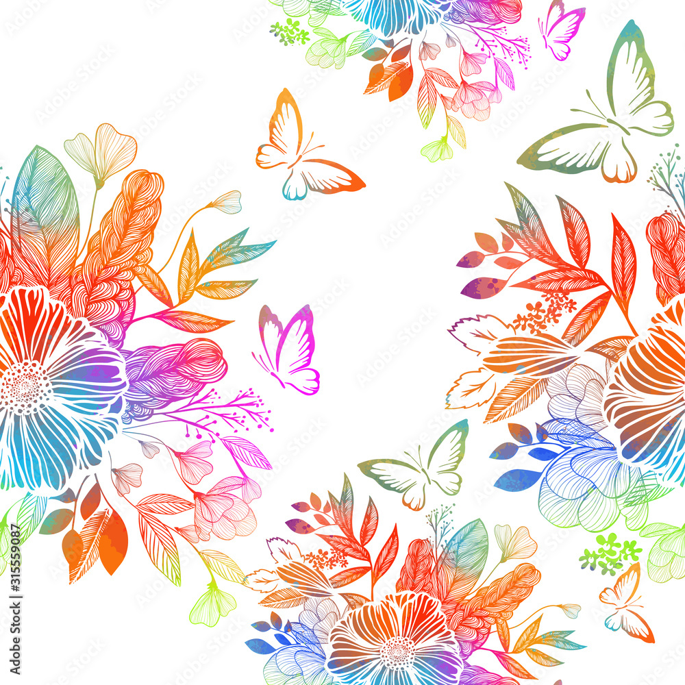 Rainbow abstract flower with butterflies. Mixed media. Seamless background. Vector illustration