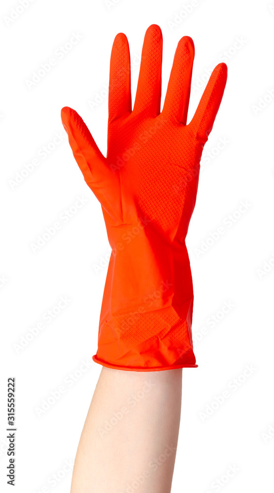 Obraz premium Red rubber glove, protection for skin. Isolated on white.