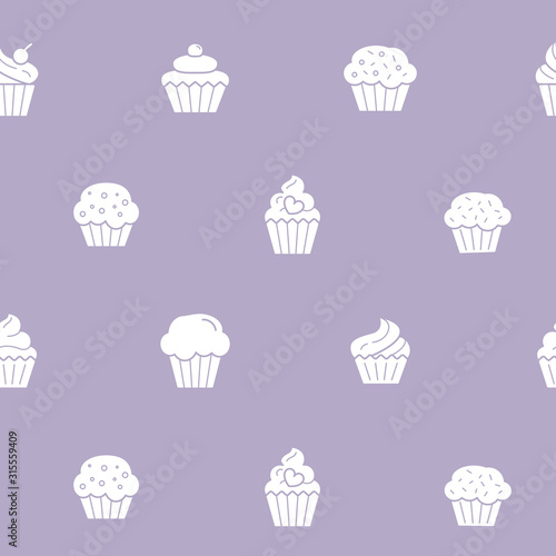 Cupcake background - Vector seamless pattern solid silhouettes of sweet, dessert, muffin, cake and snack for graphic design