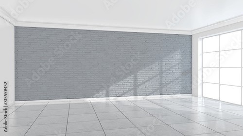 White brick wall background in room. Texture horizontal wallpaper. 3d illustration.