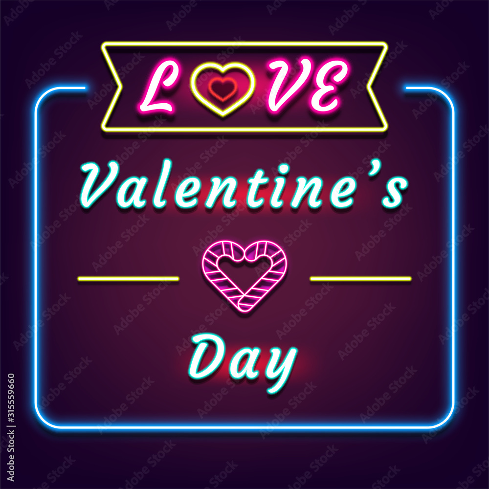 festival celebration, happy valentine's day, love, neon, square banner, colorful glowing, night background, Isolated vector design
