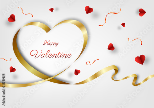 festival celebration, happy valentine's day, heart shape gold ribbon background, red love paper, special banner, invitation card, Isolated object vector design